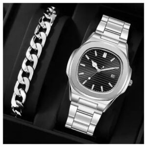 BINBOND 2pcs Classic Big Men Designer Big Dial Watch with Bracelet-Silver